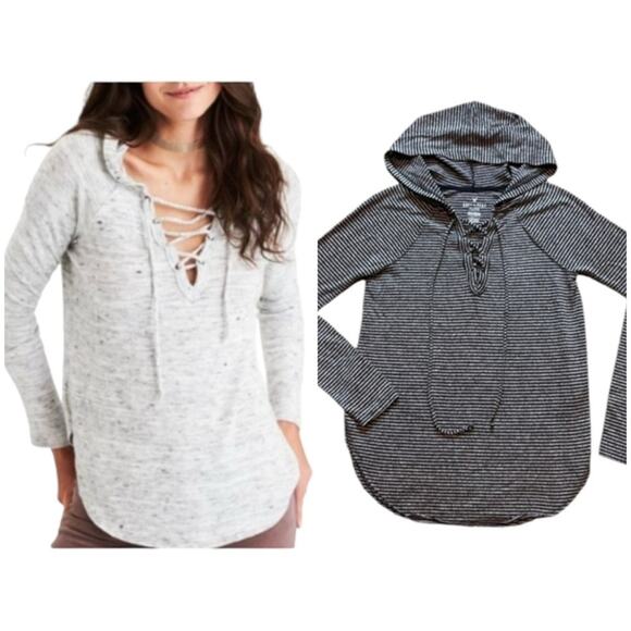 American Eagle Soft & Sexy Striped Lace-Up Lightweight Hoodie Tee Size Small - Picture 1 of 13